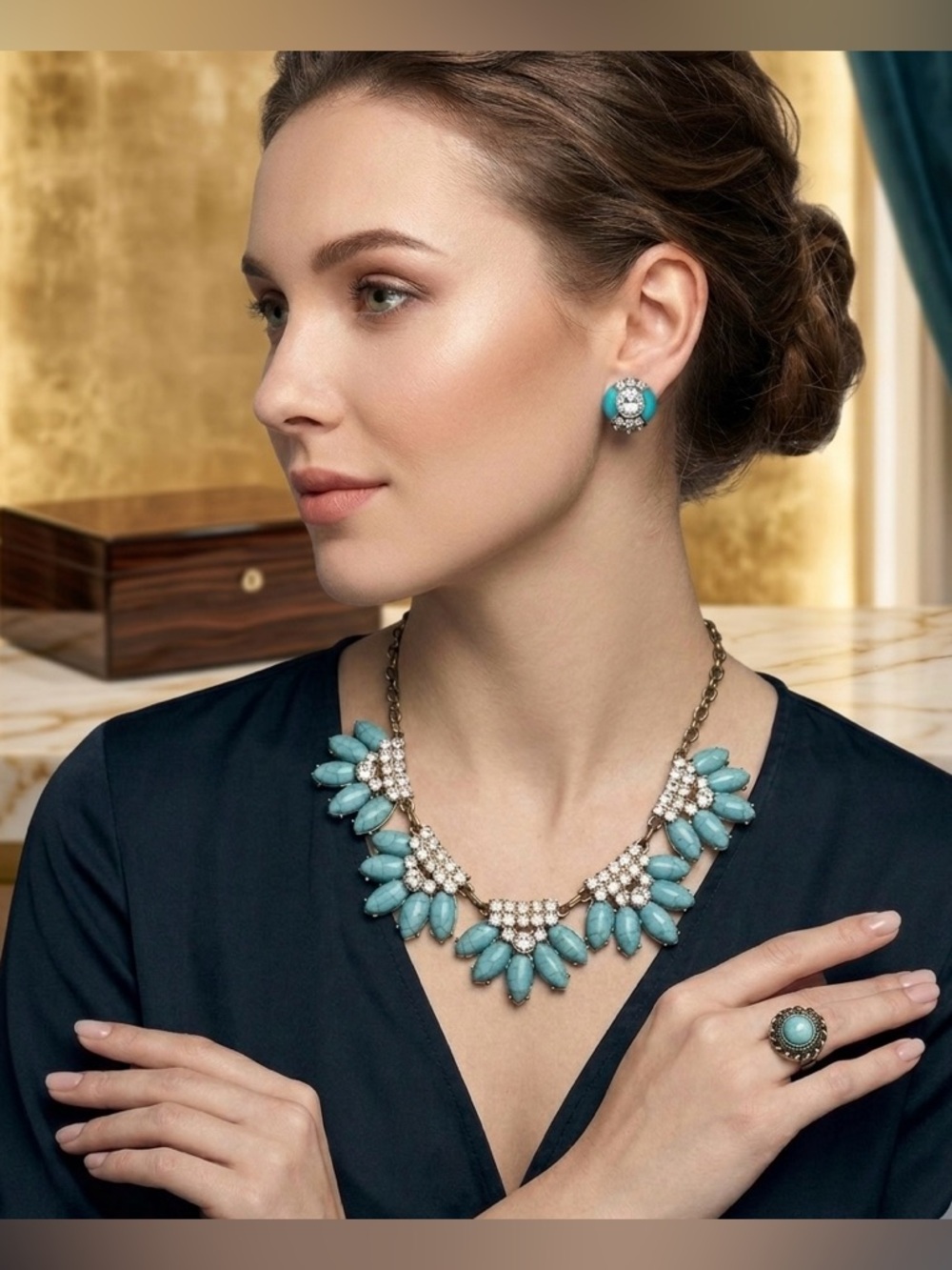 Turquoise  Necklace and Earring and Ring Set - Elegant Turquoise Jewelry
